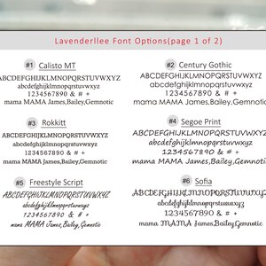 May include: A white card with six different font options for names. The fonts are Calisto MT, Century Gothic, Rokkitt, Segoe Print, Freestyle Script, and Sofia. Each font is shown with the alphabet, numbers, and symbols. The text "mama MAMA James, Bailey, Gemnotic" is shown in each font.