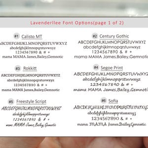 Puede incluir: Una tarjeta blanca con seis opciones de fuente diferentes para nombres. Las fuentes son Calisto MT, Century Gothic, Rokkitt, Segoe Print, Freestyle Script y Sofia. Cada fuente se muestra con el alfabeto, los n&uacute;meros y los s&iacute;mbolos. El texto "mama MAMA James, Bailey, Gemnotic" se muestra en cada fuente.