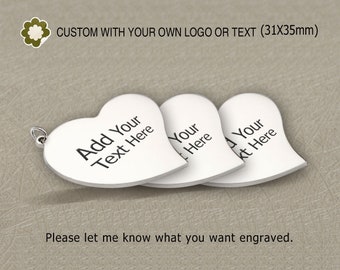 May include: Three silver heart-shaped pendants with the text "Add Your Text Here", "Your Here", and "Your Text Here" engraved on them. The pendants are approximately 3.1 cm by 3.5 cm.