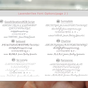 May include: A page from a font options guide showing 5 different font styles. Each font style is labeled with a number and a name. The font styles are GoodVibrationsROB Script, Sunnydale, beloved, So Lonely, and Parisienne. Each font style shows the alphabet in uppercase and lowercase, numbers, and symbols. The text "mama MAMA James, Bailey, Gemnotic" appears at the bottom of each font style.