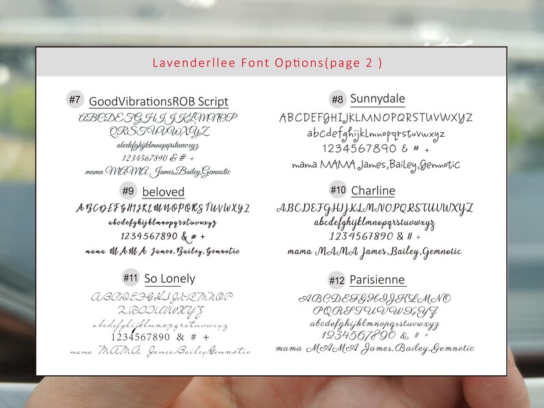 May include: A page from a font options guide showing 5 different font styles. Each font style is labeled with a number and a name. The font styles are GoodVibrationsROB Script, Sunnydale, beloved, So Lonely, and Parisienne. Each font style shows the alphabet in uppercase and lowercase, numbers, and symbols. The text "mama MAMA James, Bailey, Gemnotic" appears at the bottom of each font style.