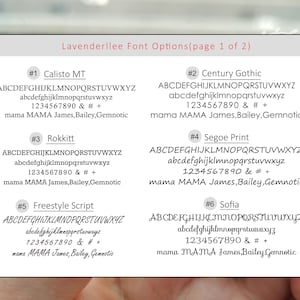 Peut inclure: Une carte blanche pr&eacute;sentant six options de polices diff&eacute;rentes pour les noms. Chaque police est &eacute;tiquet&eacute;e avec un num&eacute;ro et un nom, et affiche l'alphabet en majuscules et en minuscules, les chiffres, l'esperluette et le signe di&egrave;se. Le texte "mama MAMA James, Bailey, Gemnotic" est affich&eacute; dans chaque police.