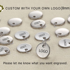 8MM,Stainless steel jewelry tag, Custom branding name and logo laser engraved on  shiny gold plated round disc, tag sequins,A0272