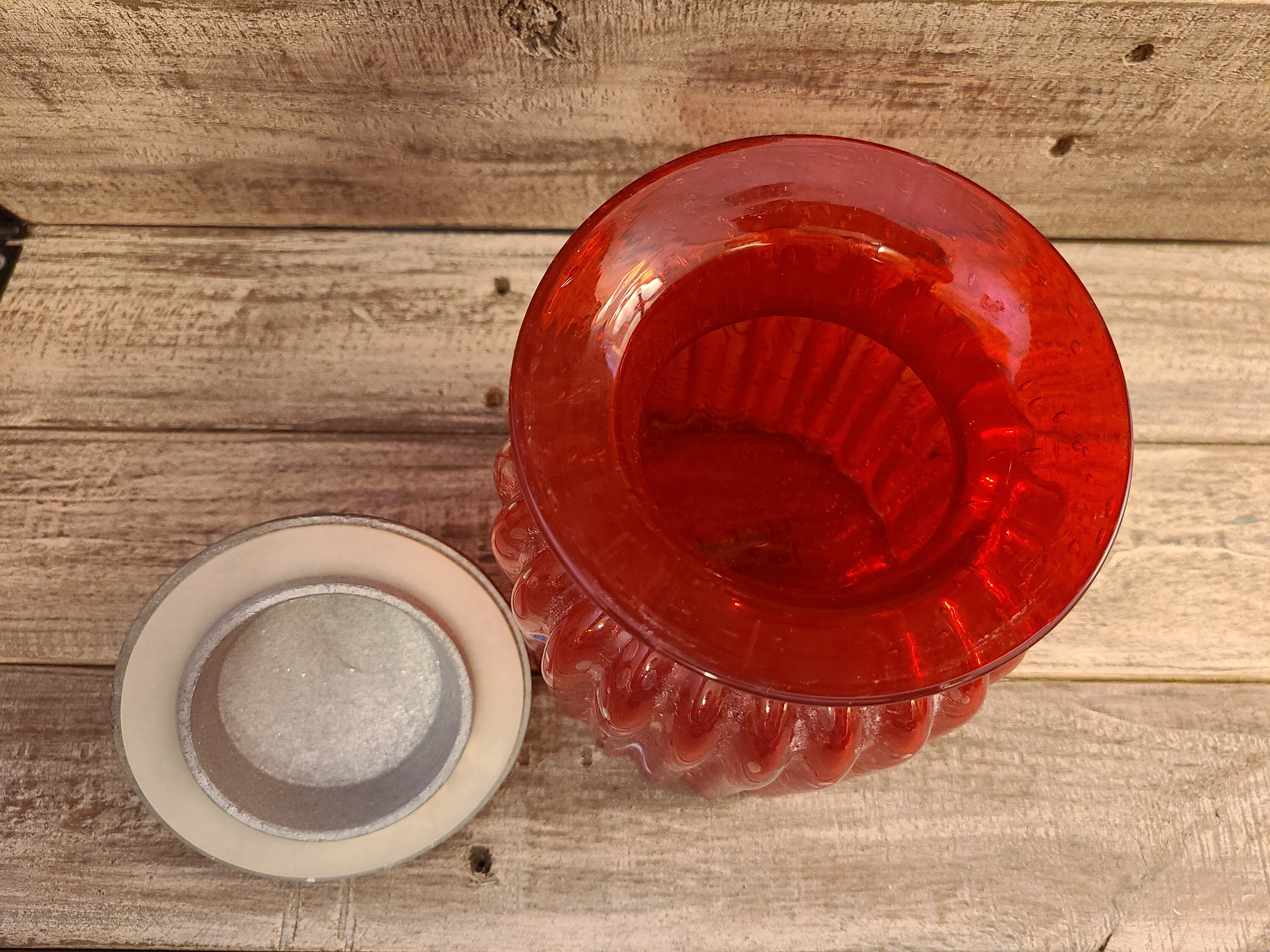 Ruby red glass canister with pewter lid Etsy