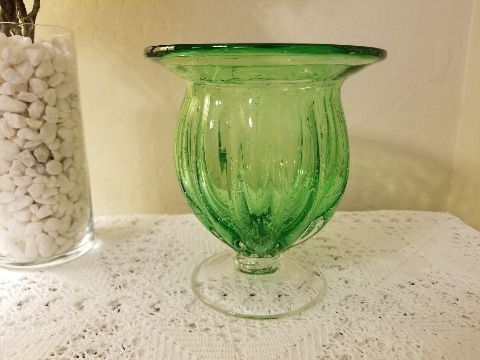 Hand blown green glass pedestal vase Etsy