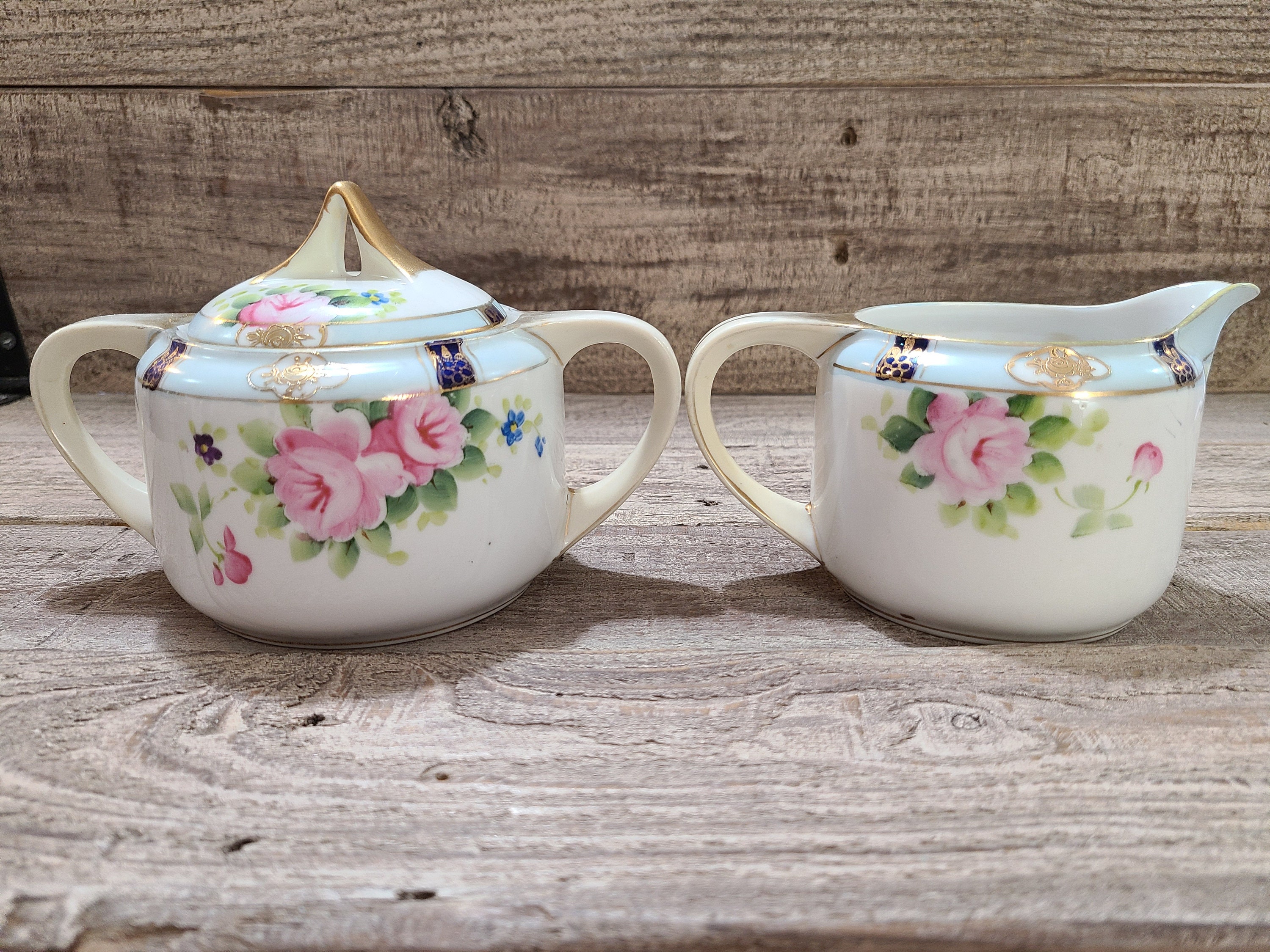 Nippon handpainted floral sugar & creamer set Etsy