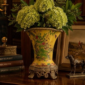 Vintage Hua Rong Tang Yellow Porcelain Bird & Floral Vase with Ornate Metal Mounts - Pair Available