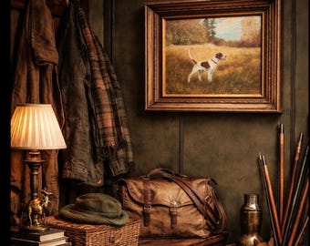 ヴィンテージのイングリッシュ・ポインター・スポーティング・ドッグのオリジナル油絵、ルー・タトル作、サイン入り