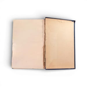 May include: An open book with aged, cream-colored pages. The book's spine is dark blue, and the pages show signs of wear and age. The book is set against a white background, highlighting its vintage appearance.