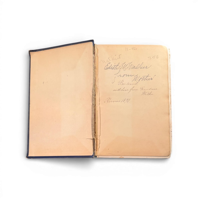 May include: An open, antique book with a blue cover and aged, cream-colored pages. Handwritten text is visible on the right page, including the name "Edith J. Walker" and the date "Nov. 1891". The book's spine is visible, showing the binding.