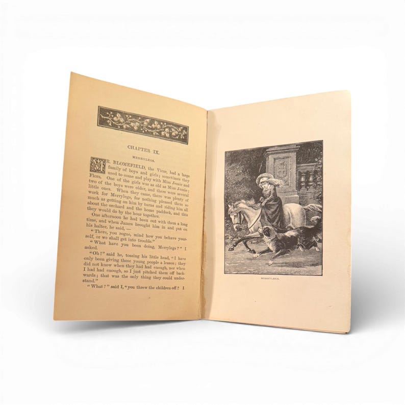 May include: An open book with aged, yellowed pages. The left page features printed text with a decorative header. The right page displays a black and white illustration of a person on horseback with dogs. The book is open, angled slightly.