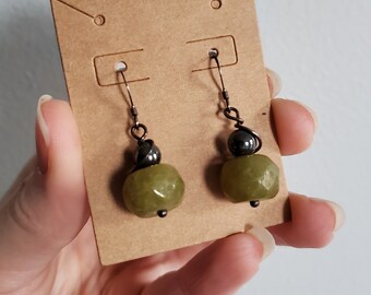 Upcycled Vintage Olive Green + Hematite Bead Earrings