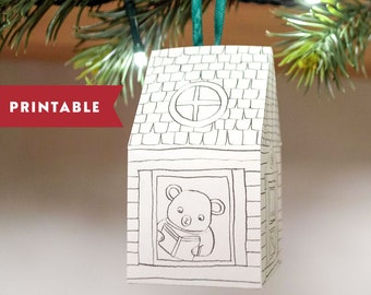 Printable Christmas ornament house. DIY holiday ornament, instant download decorations. Winter paper party favor boxes, secret Santa gifts.