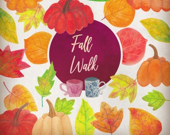 Autumn clipart. Fall watercolor clipart, watercolor pumpkin clipart, autumn leaves clipart, Thanksgiving clipart, instant download.