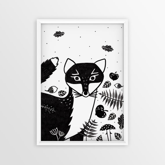 Woodland Nursery Wall Art Fox Print Black and White. Digital - Etsy