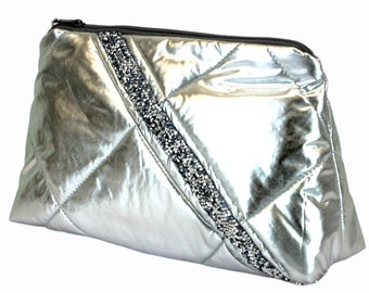 Cosmetic bag LUANA with glitter stripes, shiny silver make-up bag