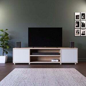 The Fluted Door TV Stand / Media Cabinet. Fluted doors, in a choice of popular Farrow & Ball colours. Made from high quality furniture grade birch ply. This one is spray finished in Farrow & Ball All White.