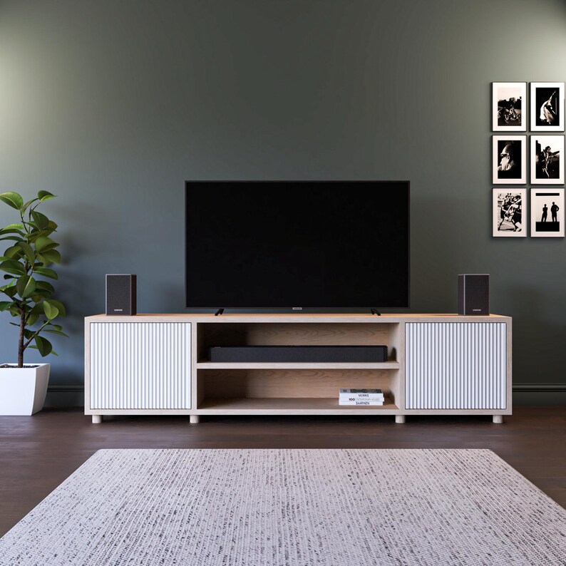 The Fluted Door TV Stand / Media Cabinet. Fluted doors, in a choice of popular Farrow & Ball colours. Made from high quality furniture grade birch ply. This one is spray finished in Farrow & Ball All White.