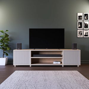 The Fluted Door TV Stand / Media Cabinet. Fluted doors, in a choice of popular Farrow & Ball colours. Made from high quality furniture grade birch ply. This one is spray finished in Farrow & Ball Elephants Breath.