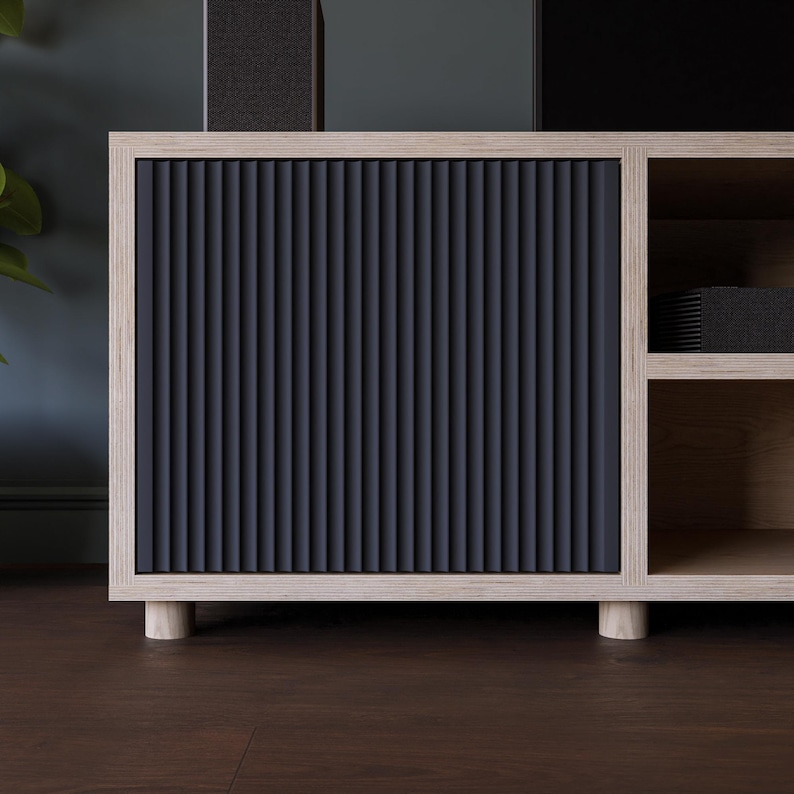 The Fluted Door TV Stand / Media Cabinet. Fluted doors, in a choice of popular Farrow & Ball colours. Made from high quality furniture grade birch ply. This one is spray finished in Farrow & Ball Railings.