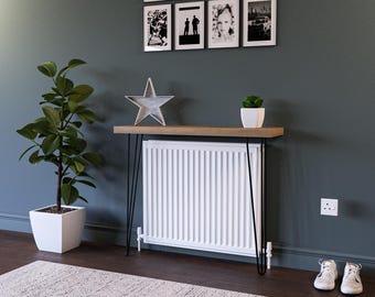 Handmade Oak Veneer Radiator Console Table with Hairpin Legs