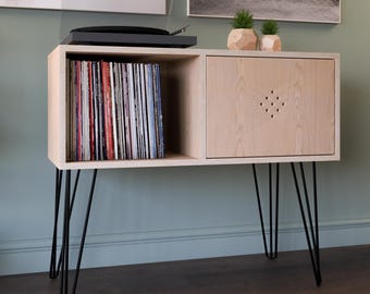 Handmade Birch Plywood Record Cabinet: Mid-Century Modern Turntable Stand