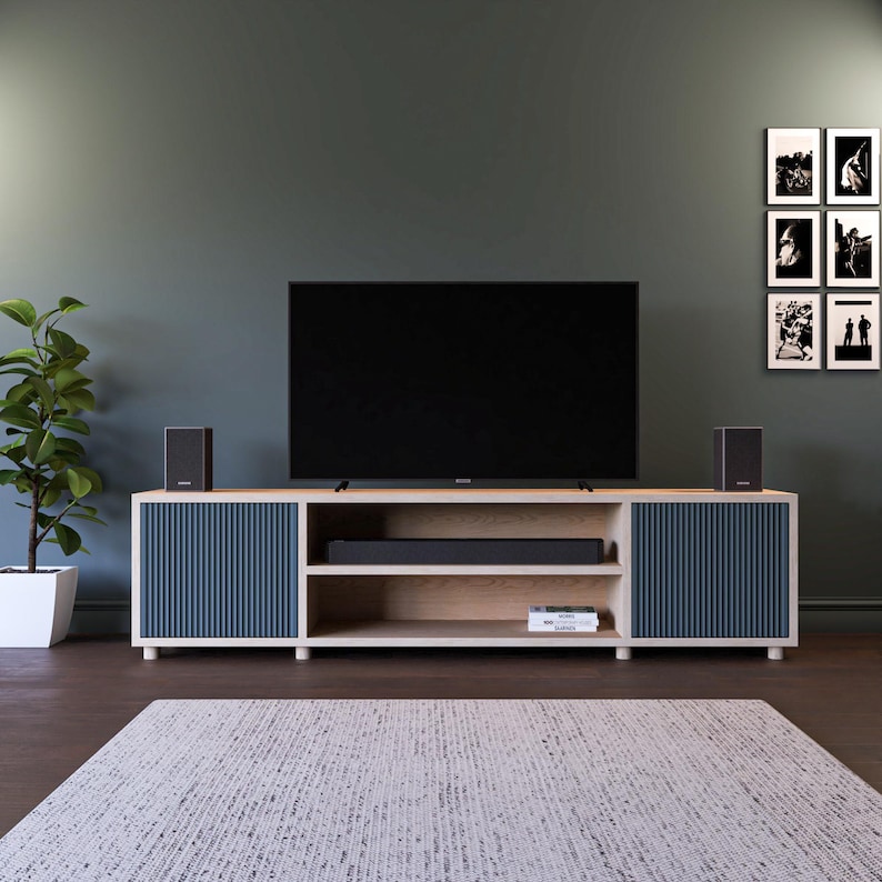 The Fluted Door TV Stand / Media Cabinet. Fluted doors, in a choice of popular Farrow & Ball colours. Made from high quality furniture grade birch ply. This one is spray finished in Farrow & Ball Inchyra Blue.