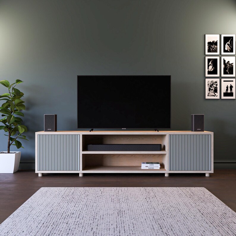 The Fluted Door TV Stand / Media Cabinet. Fluted doors, in a choice of popular Farrow & Ball colours. Made from high quality furniture grade birch ply. This one is spray finished in Farrow & Ball Pigeon.