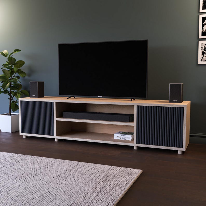 The Fluted Door TV Stand / Media Cabinet. Fluted doors, in a choice of popular Farrow & Ball colours. Made from high quality furniture grade birch ply. This one is spray finished in Farrow & Ball Railings.