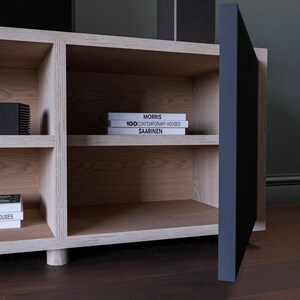 The Fluted Door TV Stand / Media Cabinet. Fluted doors, in a choice of popular Farrow & Ball colours. Made from high quality furniture grade birch ply. This one is spray finished in Farrow & Ball Railings.