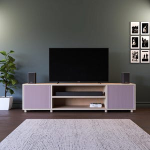 The Fluted Door TV Stand / Media Cabinet. Fluted doors, in a choice of popular Farrow & Ball colours. Made from high quality furniture grade birch ply. This one is spray finished in Farrow & Ball Cinder Rose.