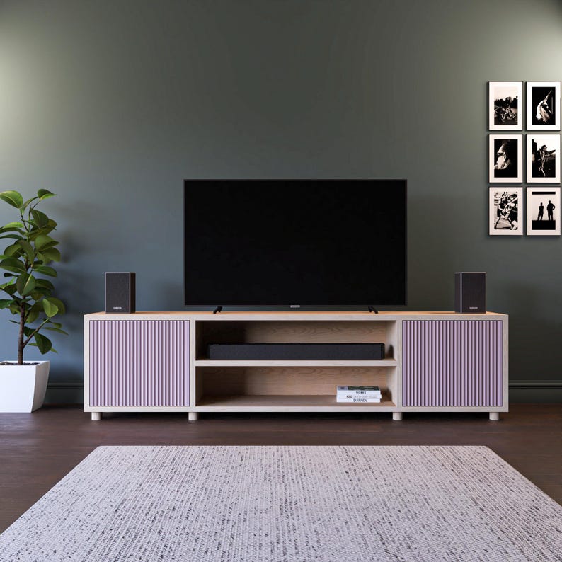 The Fluted Door TV Stand / Media Cabinet. Fluted doors, in a choice of popular Farrow & Ball colours. Made from high quality furniture grade birch ply. This one is spray finished in Farrow & Ball Cinder Rose.