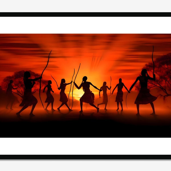 Maasai Warriors Dancing At Sunset, Printable Download, Vivid Orange Black Figurines, Surrealism, Home Décor Wall Art