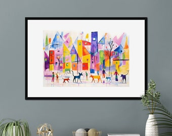 Printable Vibrant Watercolor Painting, Dogs and People in the City, Colorful Abstract Houses and Trees, Home Decor Wall Art, Kids or Nursery