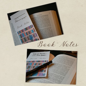 May include: A close-up of a book titled "Pride and Prejudice" and a notebook titled "Rise and Prejudice" by Jane Austen. The notebook features a drawing of a bookshelf filled with books. The words "Book Notes" are written on both the notebook and the book.