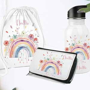 Gourde personnalisée avec nom / écolier / élève de première année arc-en-ciel boho livres école / enfant de maternelle / sac à main