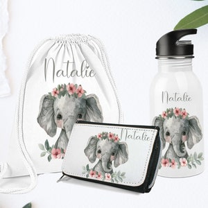 Portefeuille personnalisé avec nom / écolier / éléphant bohème / enfant de maternelle / bouteille d'eau