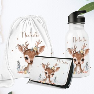 Portefeuille personnalisé avec nom / écolier / motif forêt de cerfs de première année bohème / enfant de maternelle / bouteille d'eau