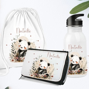 Geldbörse  mit  Namen Personalisiert / Schulkind/ Erstklässler  Panda Blumen / Kindergartenkind / Wasserflasche