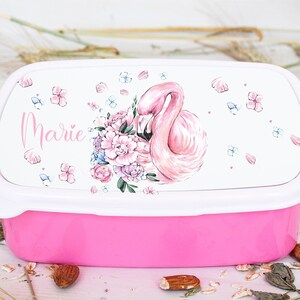 Boîte à lunch avec nom, boîte à lunch, pause déjeuner avec fleurs, flamant rose, motif, écolier, enfant de maternelle,