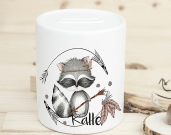 Money box with name and motif, as a gift for boys, animals, forest, boho.