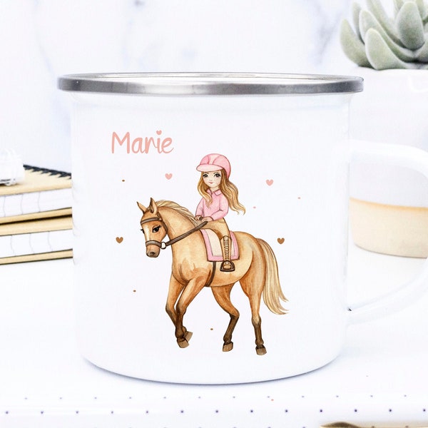 Emaille Tasse Namen, Mädchen Pferd, Einschulung, Kindertasse mit Pferd, Geschenk Mädchen Tasse, reiten Pferd, Tasse für Kinder,