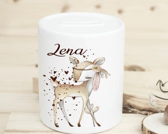 Money box forest motif, deer, birth, baptism gift, personalized money box, girl, baby,
