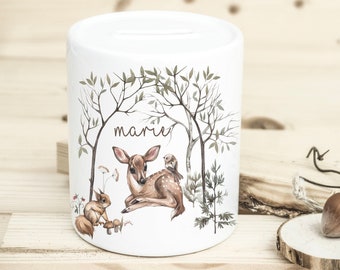 Money box with name/money box forest animals/gift baby/baptism/birth/personalized