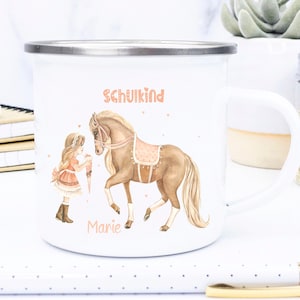 school enrollment cup horse girl, cup schoolchild horse, sugar bag girl, horses, cup girl horse