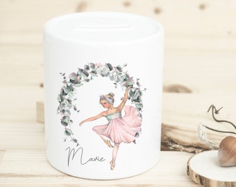 Money box with name, money box with eucalyptus wreath, personalized money box with ballerina, wedding, kids box, baby, baptism, ballet