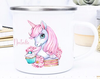 Emaille Tasse für Kinder, Tasse mit Unicorn, Kindertasse, Motiv, Geschenk mit Unicorn, personalisiert, mit Namen,