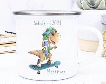 Emaille Tasse für Schulkind, Dino, Dinozuckertüte, Tasse Dino Zuckertüte Dino, Emaille Tasse einschulung, Geschenk Kinder,