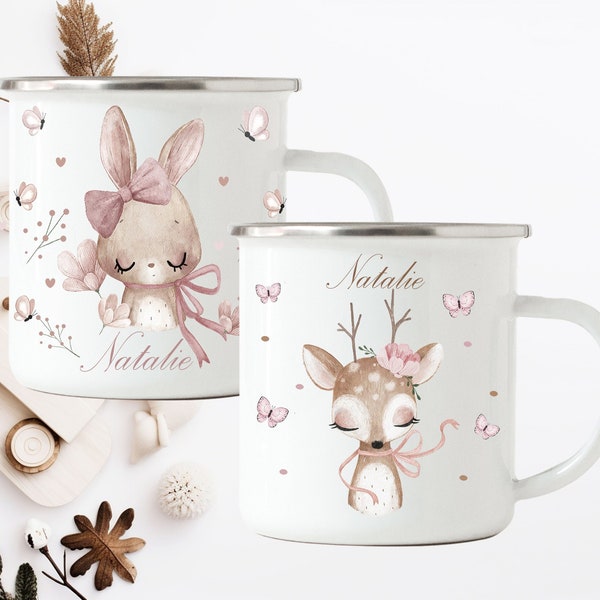 Emaille Tasse personalisiert / Kinderbecher Rehe Häschen Blumen Boho /  Namenstasse / Kindertasse