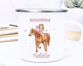 Emaille Tasse Geschenk Einschulung, Pferd, Mädchen, Zuckertüte mit Pferd, Schulkind 2021, Tasse Kinder geschenk,